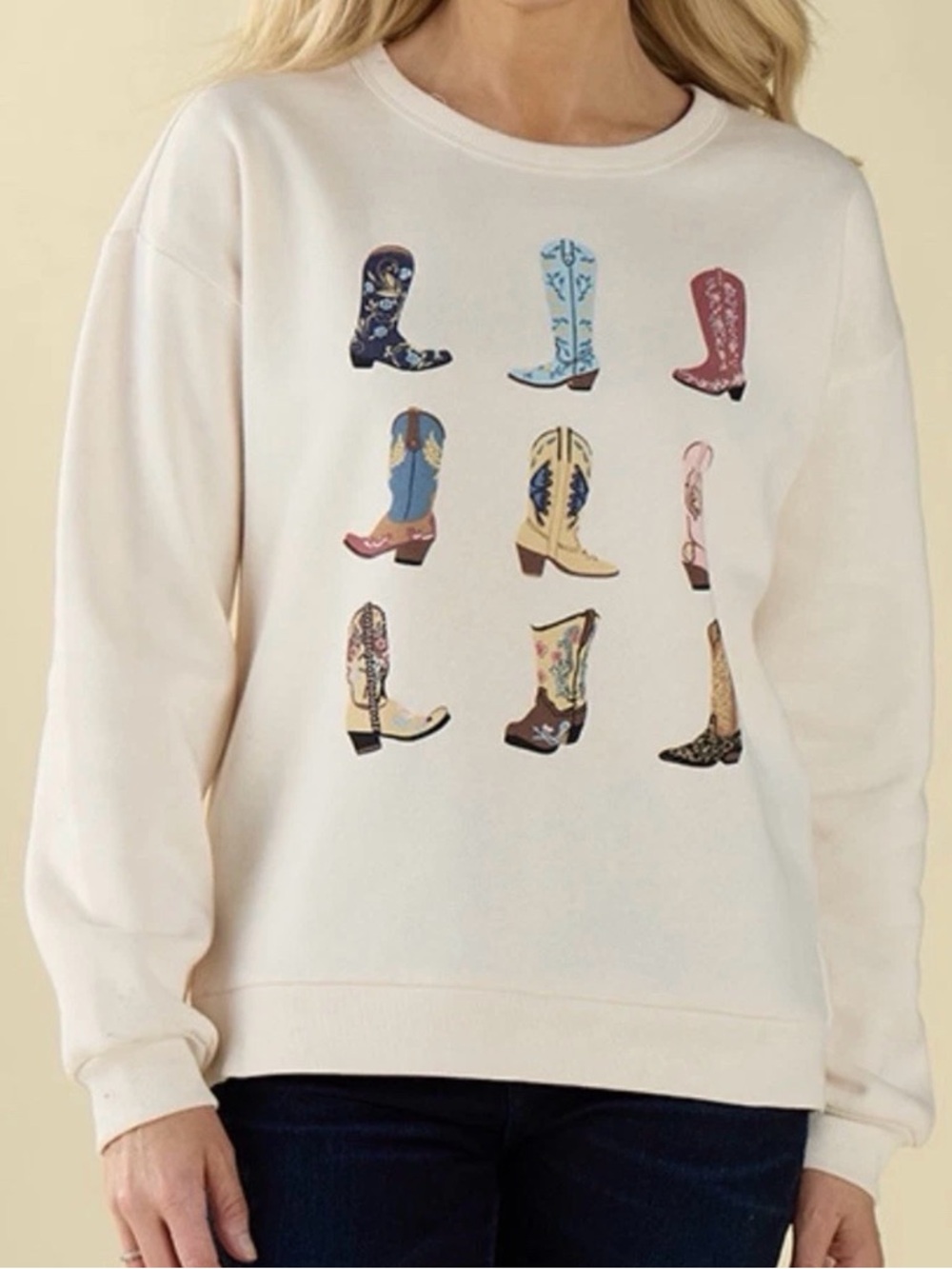 Stitch by Chenault Western Cowboy Boot Graphic Sweatshirt Cream Pullover NWOT M